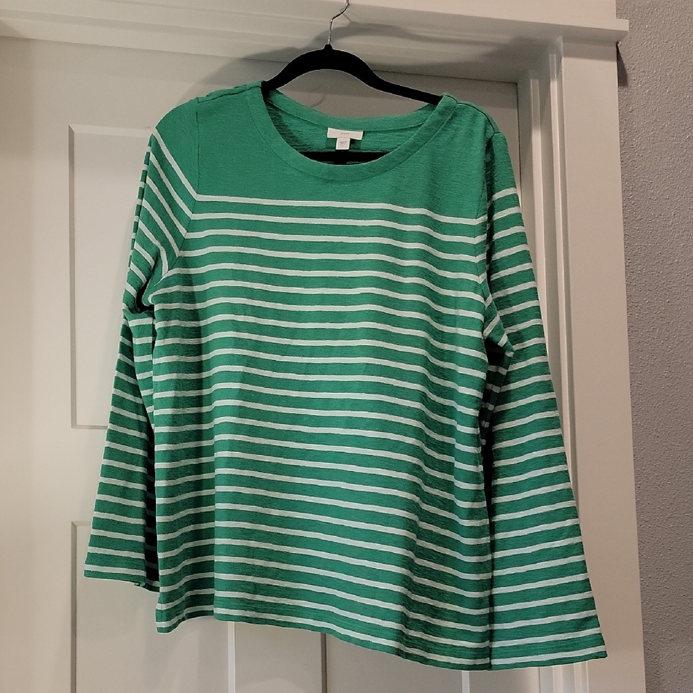 J. Jill Green and White Striped Long Sleeve Tee